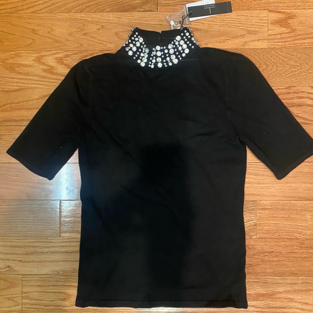 T Tahari black t-shirt sweater with embellished collar, Sz. XS, NWT!